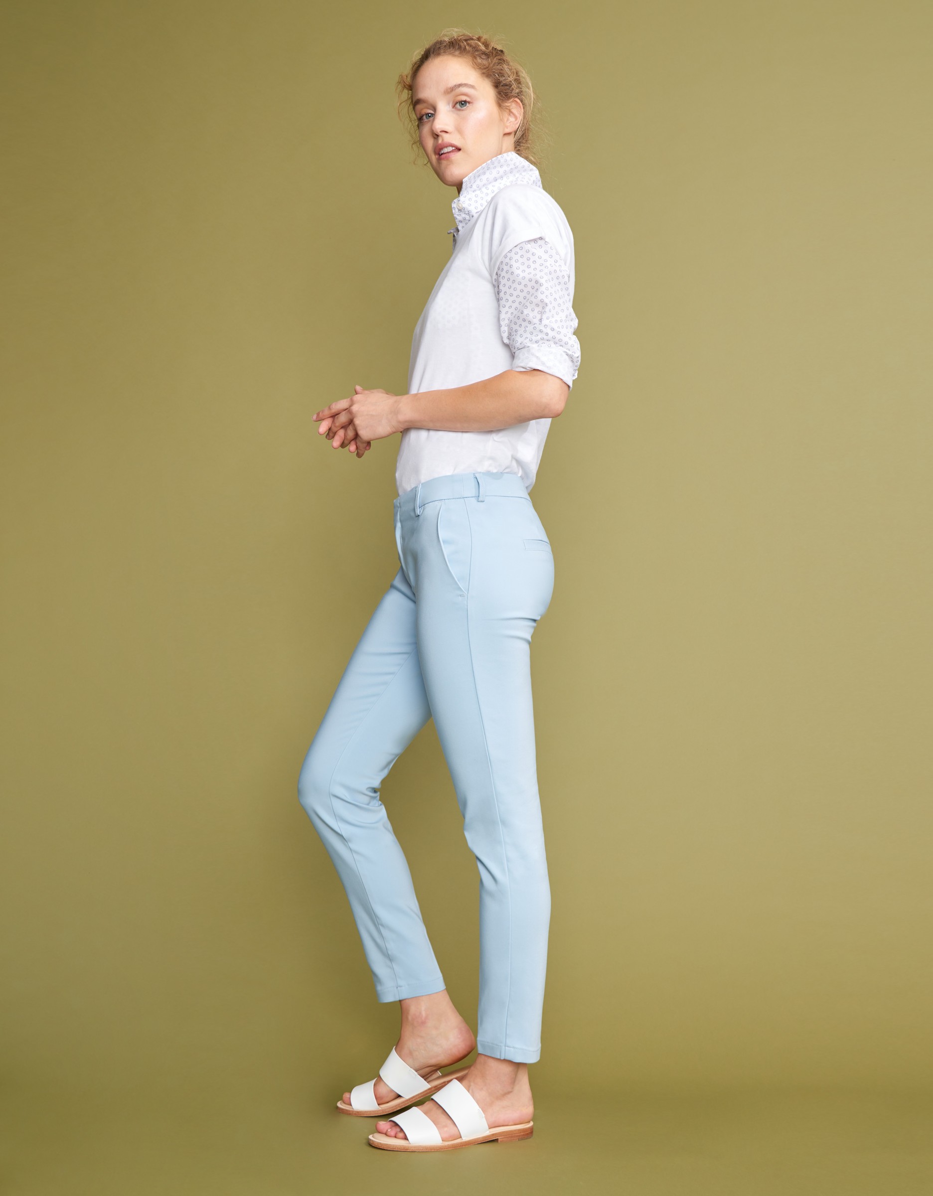 light blue cigarette trousers